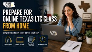 Prepare for online Texas LTC with laptop and organized notes.