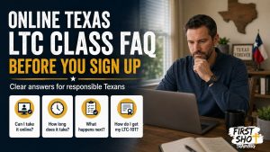 Online Texas LTC FAQ on a laptop before signup.