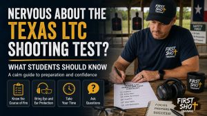 Student nervous about Texas LTC shooting test reviewing preparation checklist.