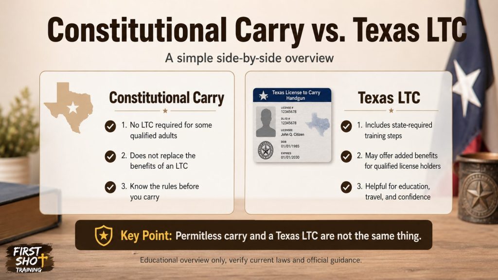 Educational checklist explaining constitutional carry versus LTC in a Texas LTC training context.