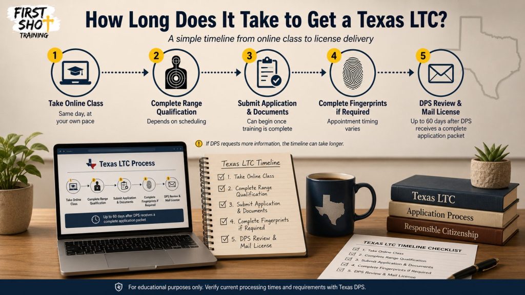 Texas LTC application timeline with class, range, application, fingerprints, and review.
