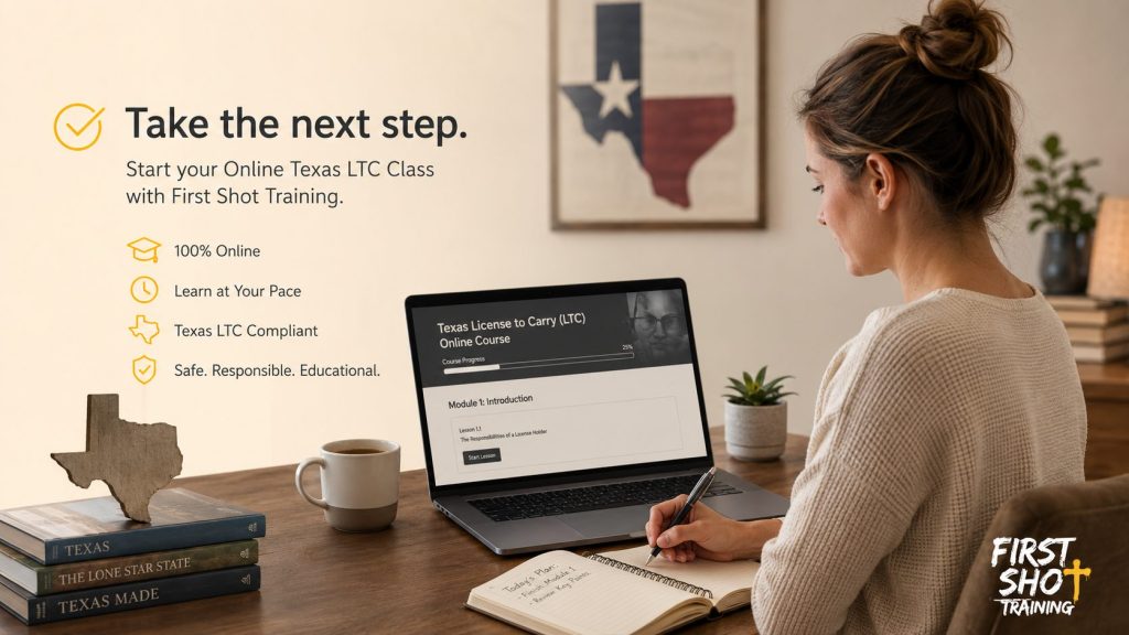 Responsible Texas LTC student reviewing course notes at home.