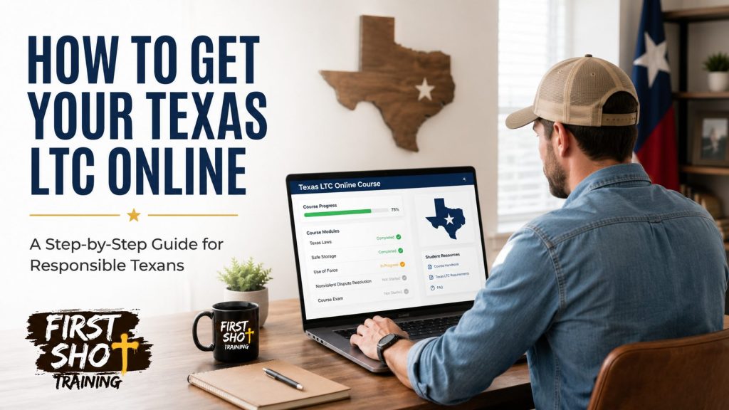 Adult taking an online Texas LTC at home on a laptop.