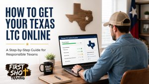 Adult taking an online Texas LTC at home on a laptop.