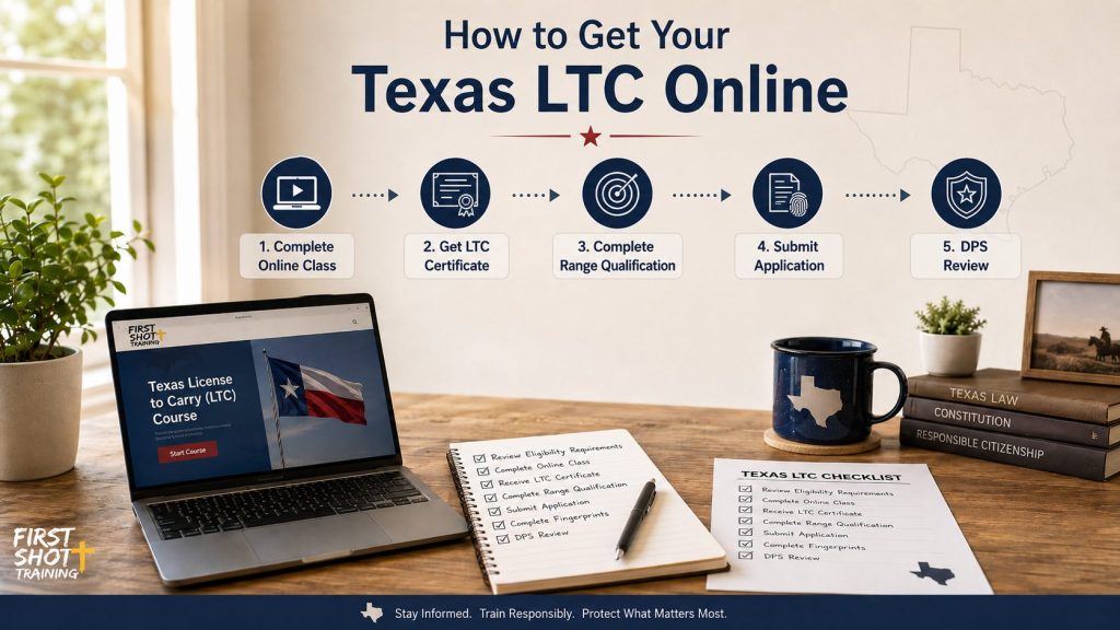 Texas LTC process checklist beside a laptop and organized documents.