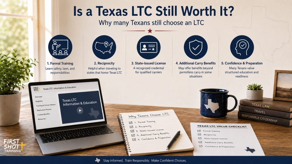 Comparison worksheet showing Texas LTC benefits such as education and travel awareness.