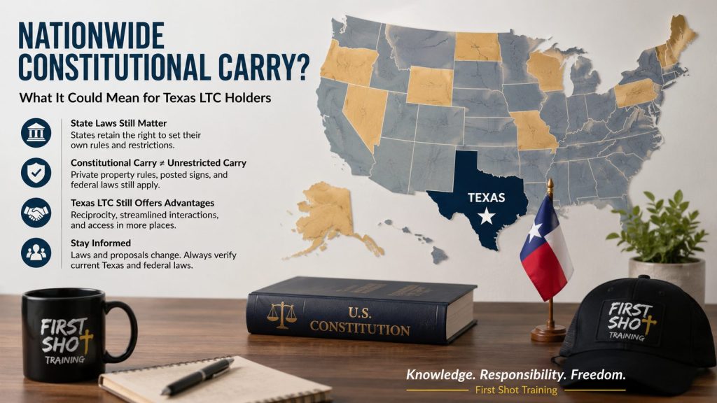 Educational checklist explaining nationwide constitutional carry in a Texas LTC training context.