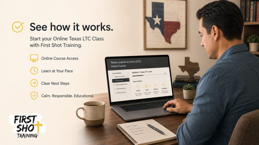 Adult completing an online Texas LTC from home.