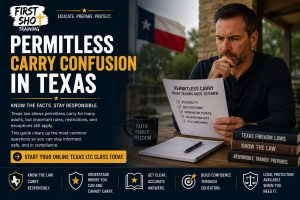 Responsible Texas adult reviewing permitless carry confusion Texas information on a laptop.