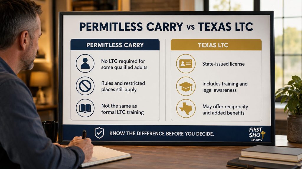 Educational checklist explaining permitless carry confusion Texas in a Texas LTC training context.