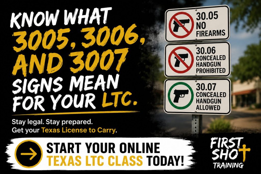 Texas student preparing to begin an Online Texas LTC Class after reading about Texas 30.05 30.06 30.07 signs.