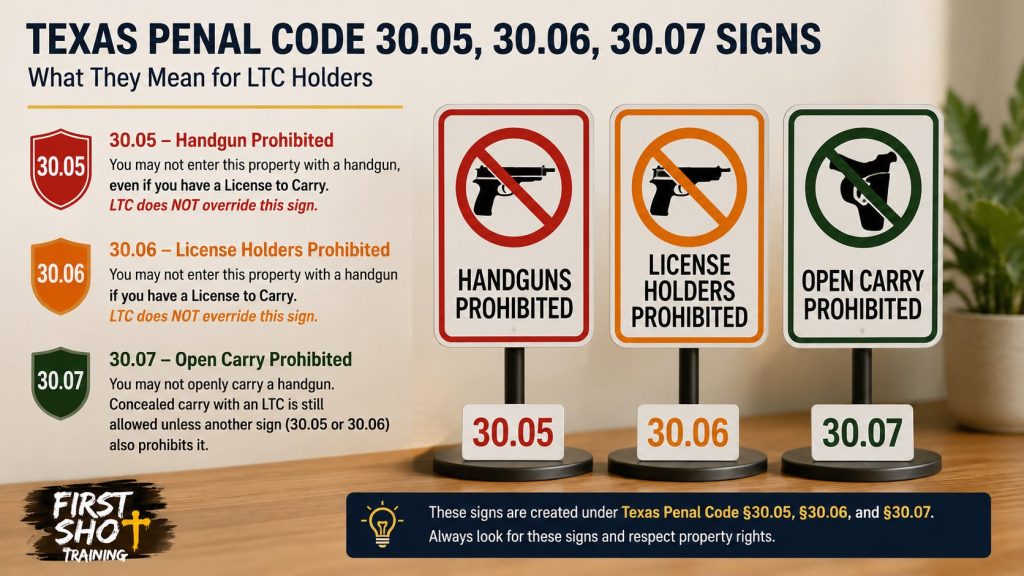 Educational checklist explaining Texas 30.05 30.06 30.07 signs in a Texas LTC training context.