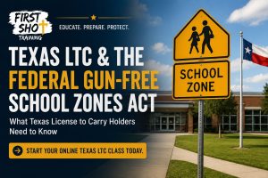 Responsible Texas adult reviewing Texas LTC federal gun free school zones act information on a laptop.