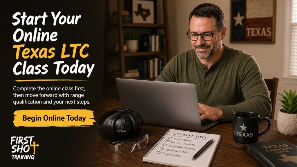 Adult preparing for Texas LTC range qualification after online class.