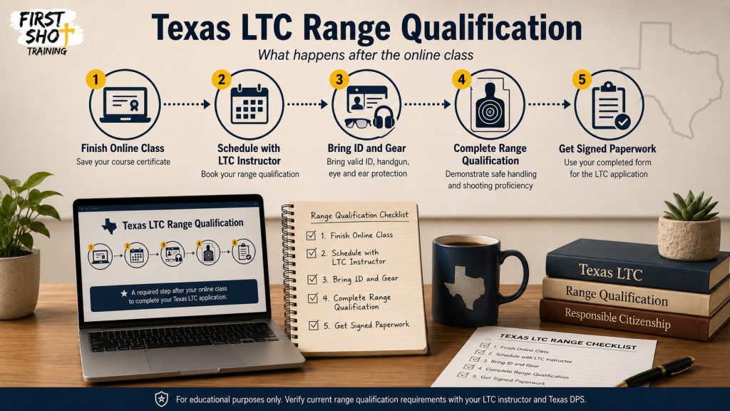 Texas LTC range preparation checklist with safety gear and documents.