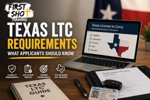 Adult reviewing Texas LTC requirements on a laptop.