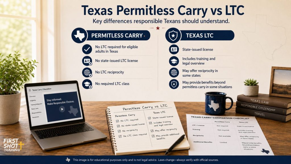Educational chart comparing Texas LTC and permitless carry topics.