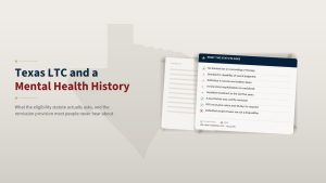Editorial graphic headed Texas LTC and a Mental Health History beside a card titled What the Statute Asks, listing that there is no blanket bar on counseling, the sound judgment standard, what DPS considers, the psychiatrist remission provision, and a note that defaulted student loans are not a disqualifier.