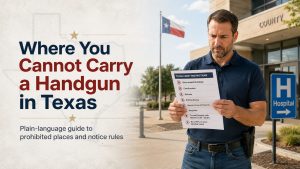 Texas man reviewing carry restrictions outside a public building, with a Texas flag and hospital sign in the background.